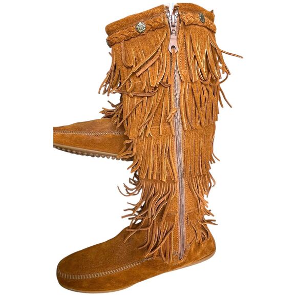 Minnetonka Women’s 5-Layer Fringe Suede Leather Tall Boots Brown Boho Size 11 - Picture 7 of 12